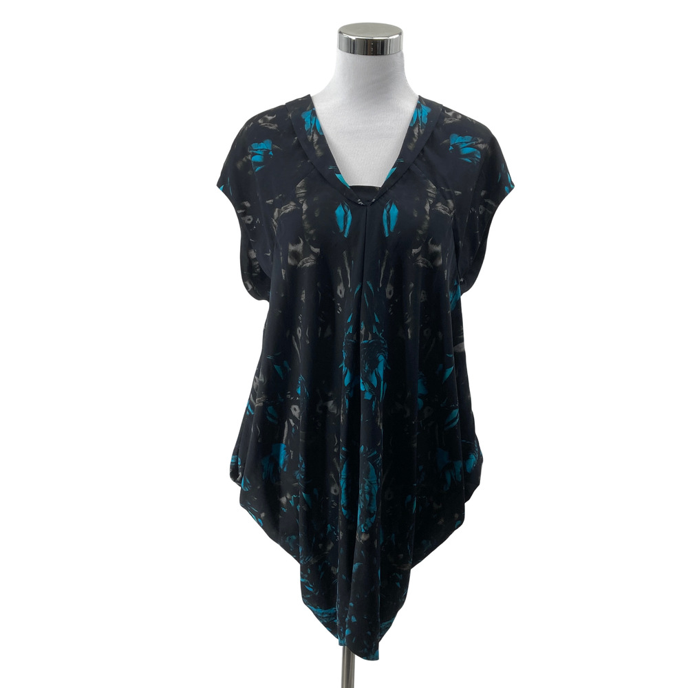AllSaints Oriana Dress US 8 Black Blue Floral V Neck Draped Asymmetrical